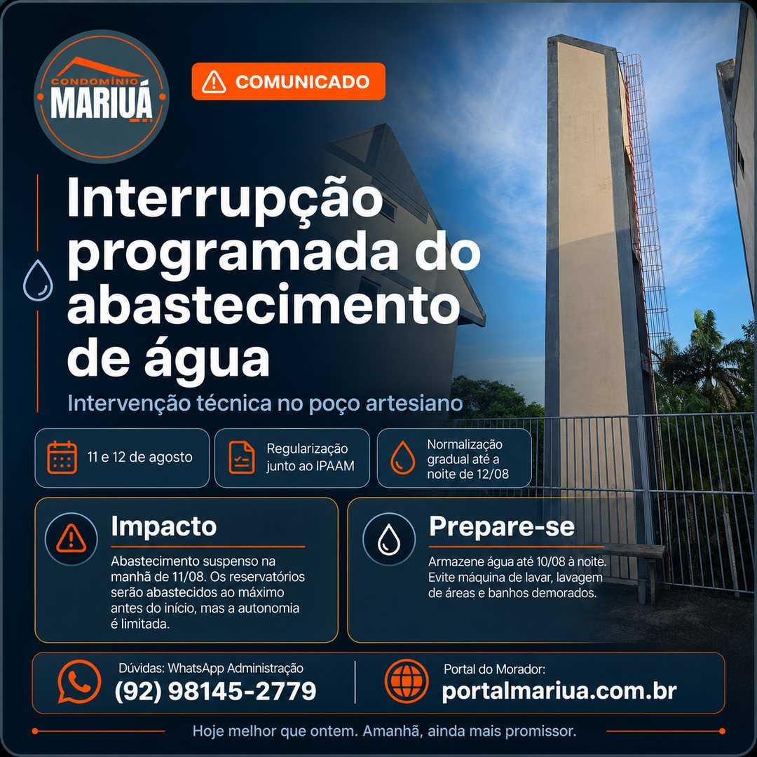 Comunicado: interrupção programada do abastecimento de água nos dias 11 e 12 de agosto